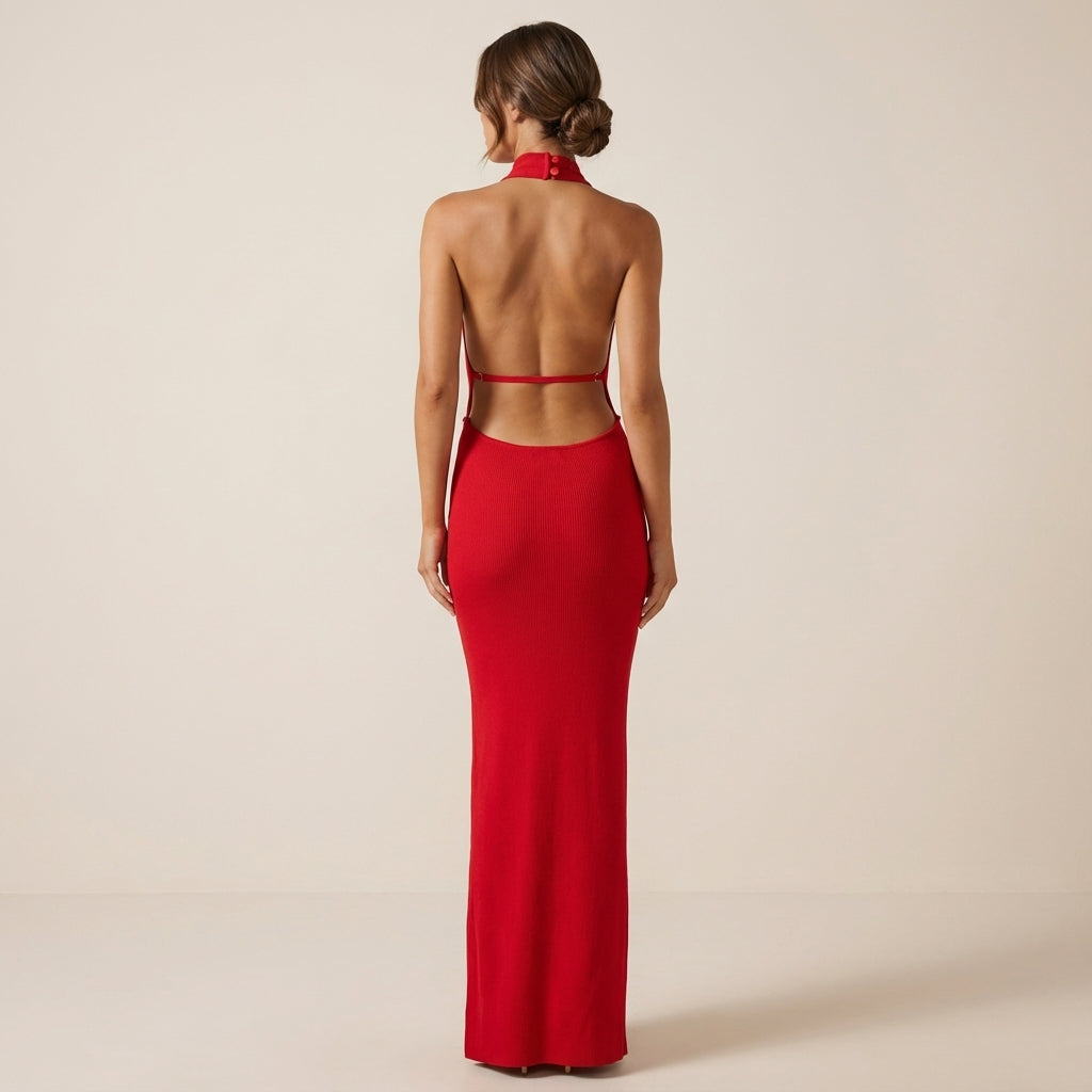 Vestido largo mujer cuello halter abertura lateral | Noche