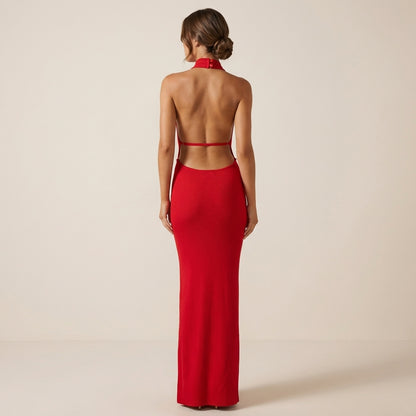 Vestido largo mujer cuello halter abertura lateral | Noche