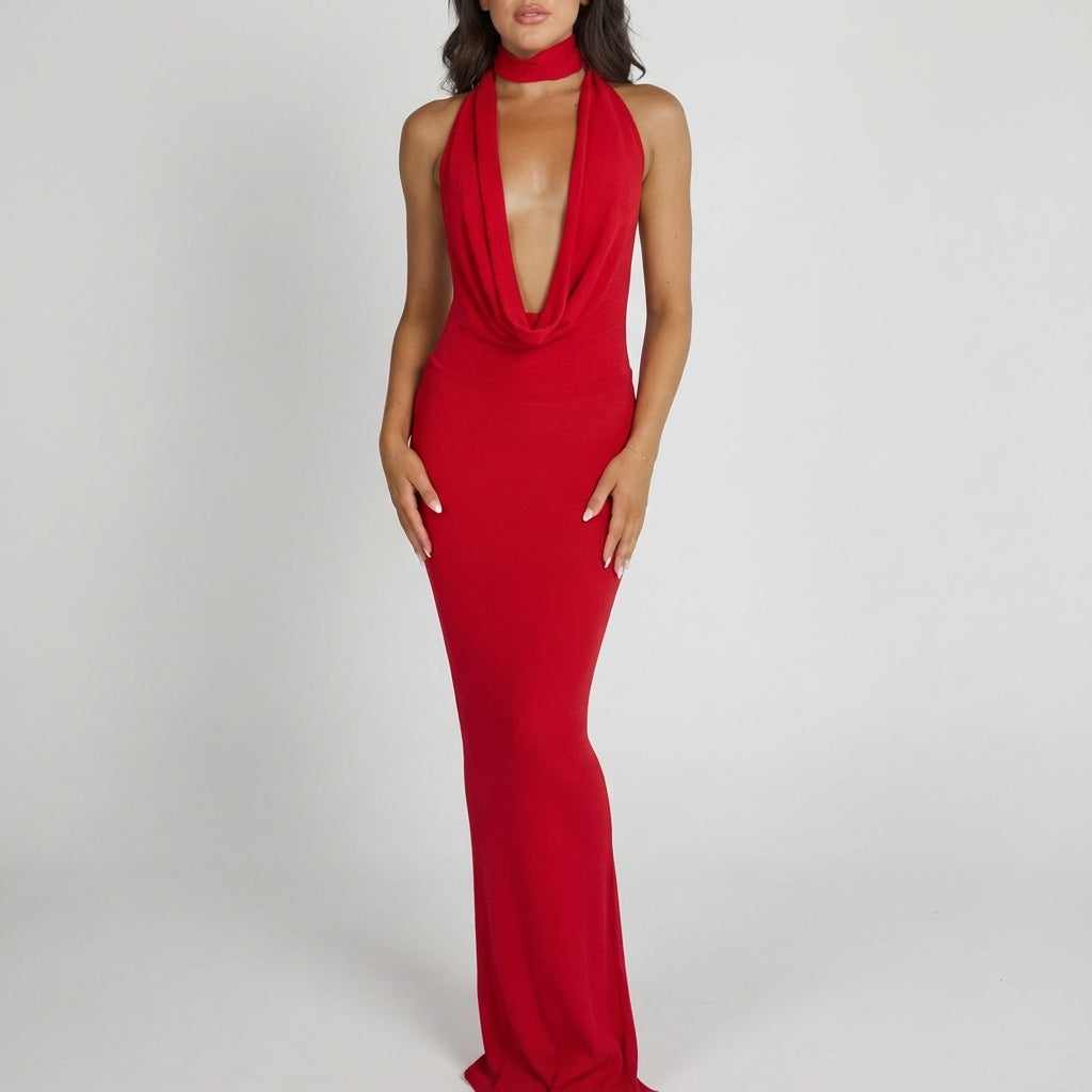 Vestido largo mujer cuello halter abertura lateral | Noche