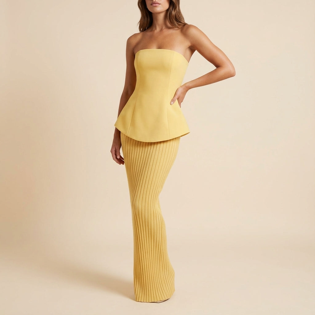 Vestido sin tirantes mujer corpiño estructurado falda plisada | Noche