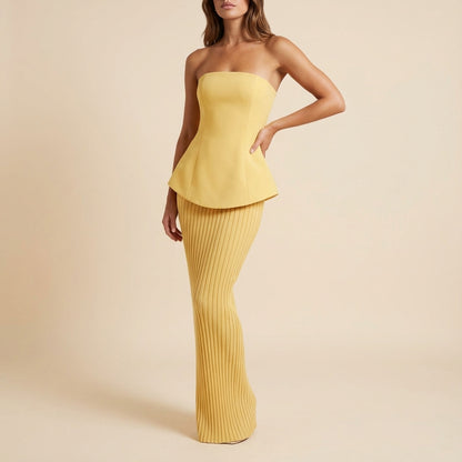 Vestido sin tirantes mujer corpiño estructurado falda plisada | Noche