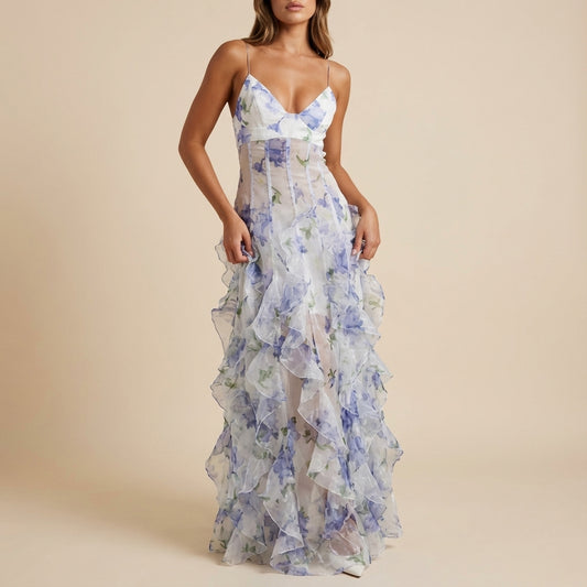 Vestido maxi mujer estampado floral tirantes finos falda con volantes | Verano