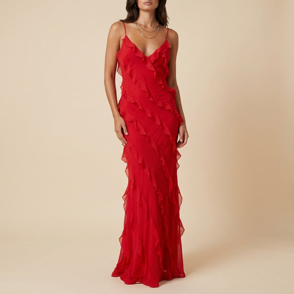 Vestido maxi mujer tirantes finos con volantes en capas | Eventos