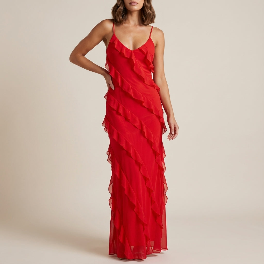 Vestido maxi mujer tirantes finos con volantes en capas | Eventos