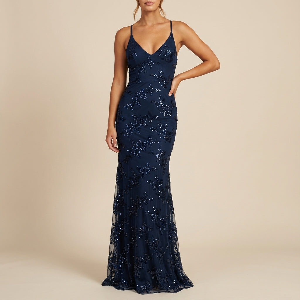 Vestido midi mujer con decoración de lentejuelas escote V | Ocasiones especiales