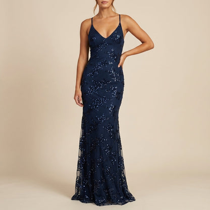 Vestido midi mujer con decoración de lentejuelas escote V | Ocasiones especiales