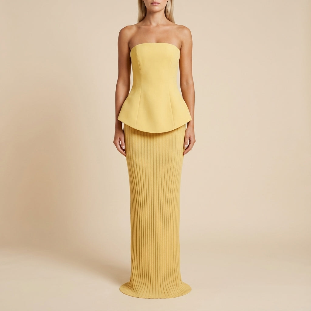 Vestido sin tirantes mujer corpiño estructurado falda plisada | Noche