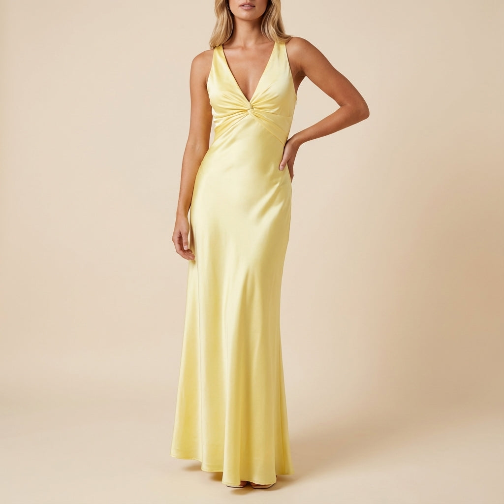 Vestido maxi mujer sin mangas escote en V fruncido central | Eventos