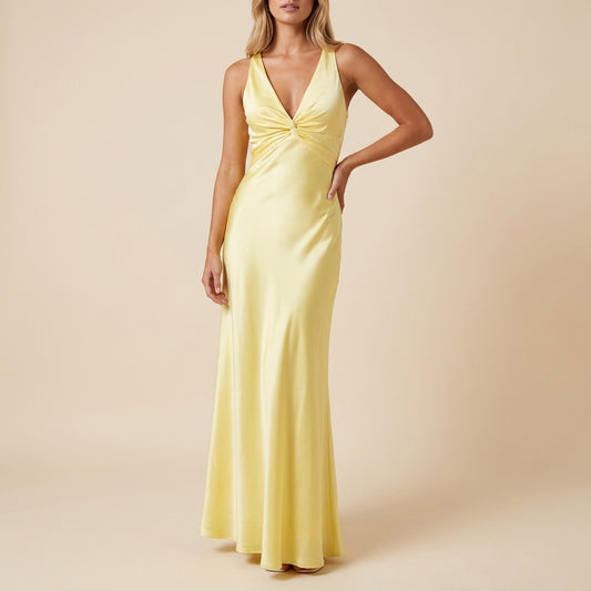Vestido maxi mujer sin mangas escote en V fruncido central | Eventos