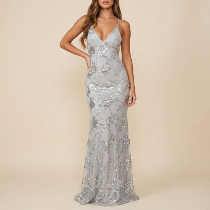 Vestido midi mujer con decoración de lentejuelas escote V | Ocasiones especiales