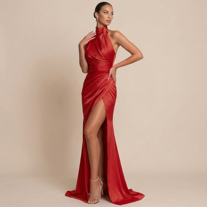 Vestido largo mujer cuello halter fruncido con abertura alta | Noche
