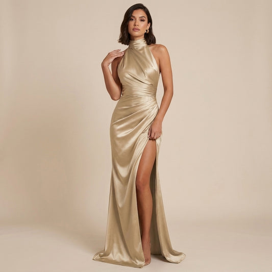 Vestido largo mujer cuello halter fruncido con abertura alta | Noche
