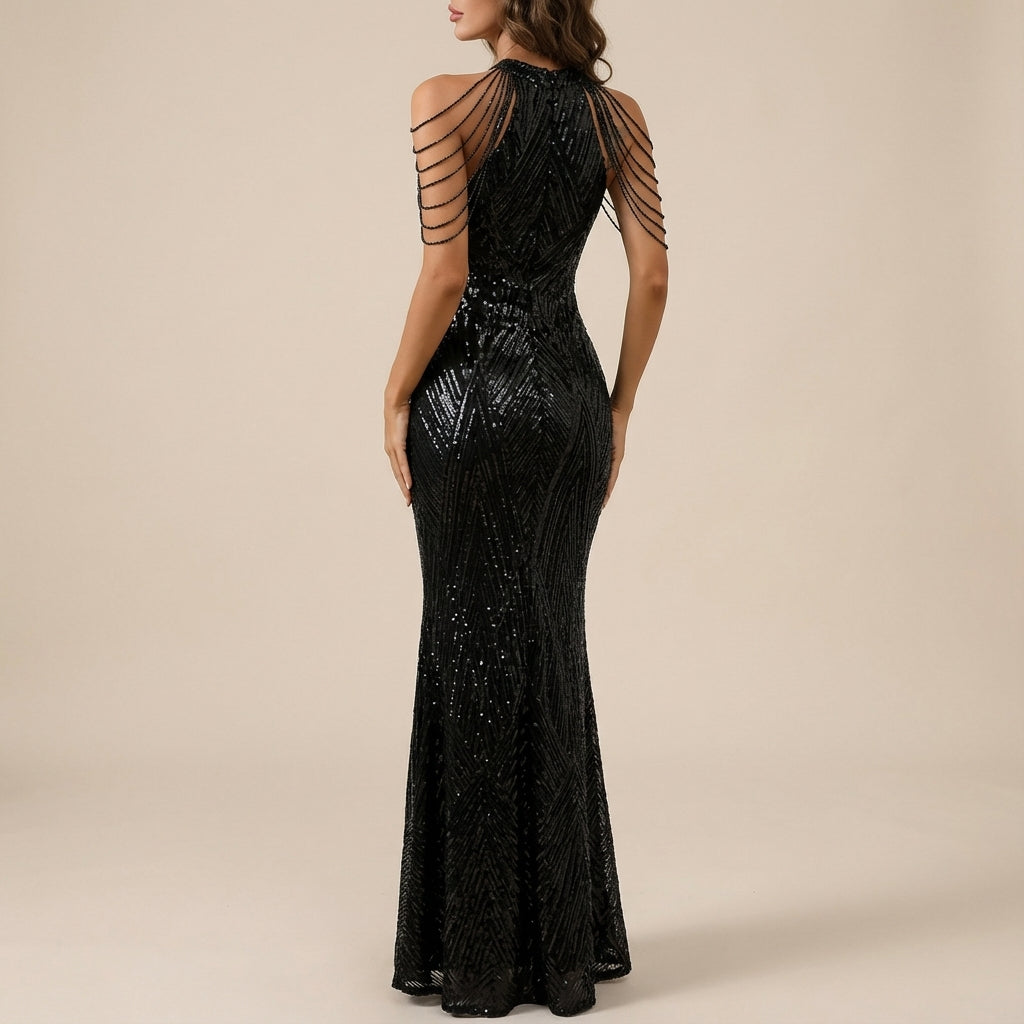 Vestido largo mujer cuello halter acabado brillante tiras en hombros | Noche