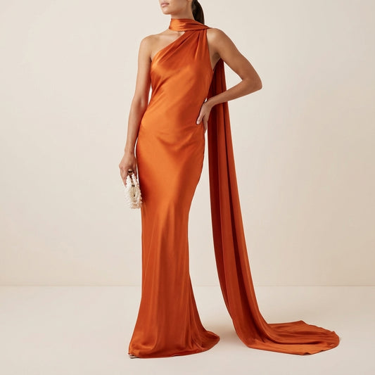 Vestido largo mujer sirena capa asimétrica un hombro | Eventos formales