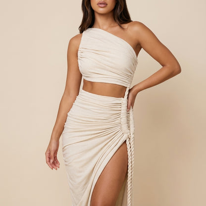 Vestido maxi mujer asimétrico fruncido un hombro | Eventos nocturnos