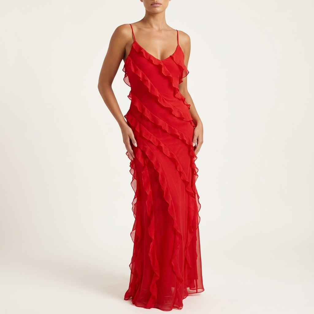 Vestido maxi mujer tirantes finos con volantes en capas | Eventos