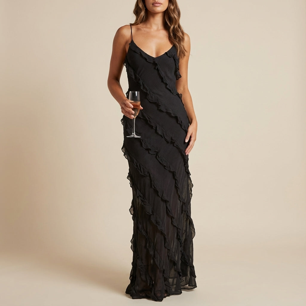 Vestido maxi mujer tirantes finos con volantes en capas | Eventos