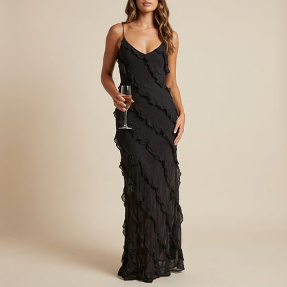 Vestido maxi mujer tirantes finos con volantes en capas | Eventos