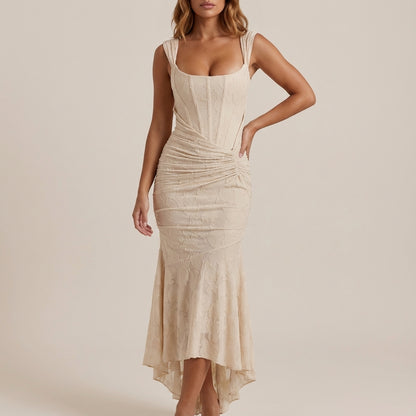 Vestido midi mujer ajustado corpiño estructurado fruncido lateral | Uso urbano