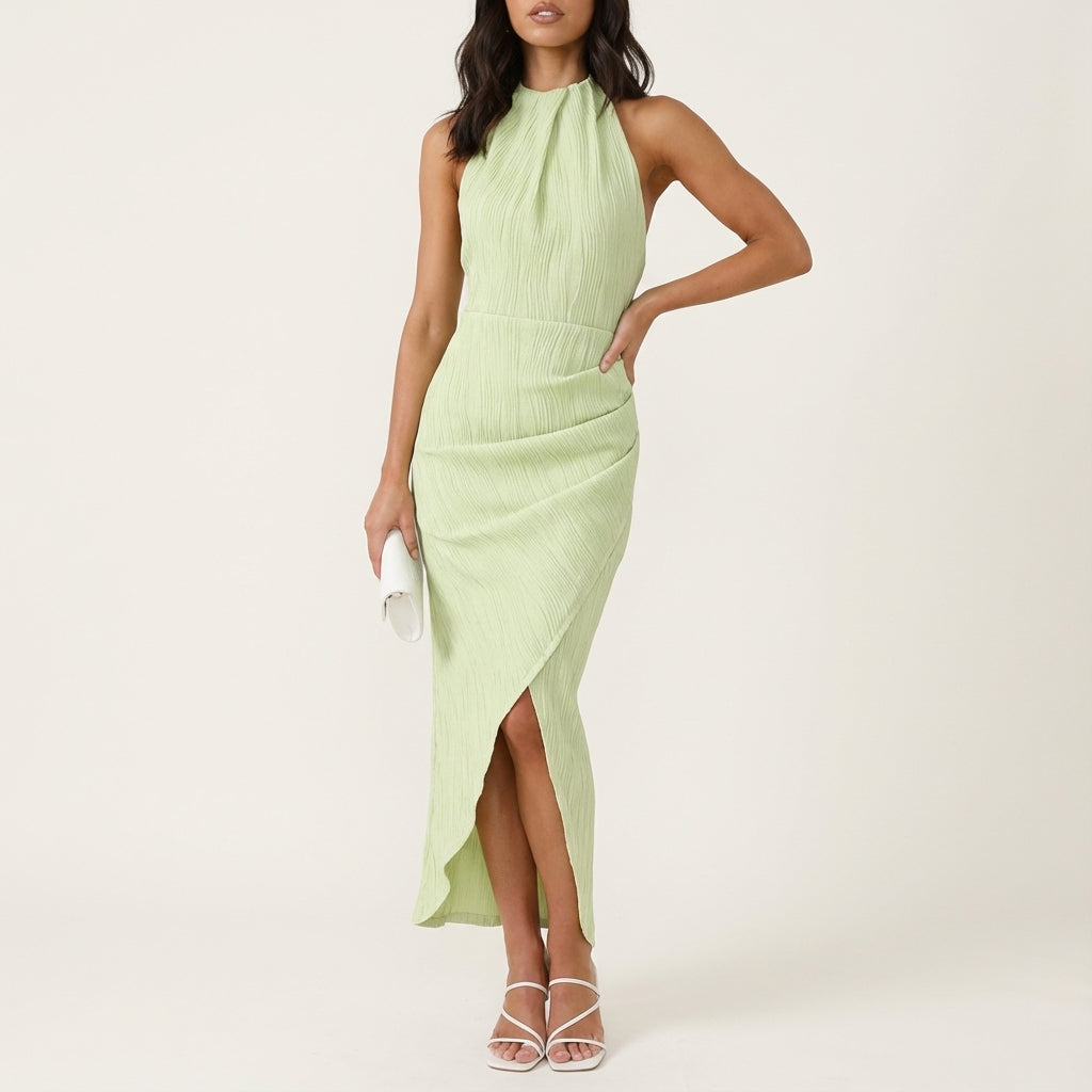 Vestido midi mujer cuello halter plisado bajo asimétrico | Uso urbano