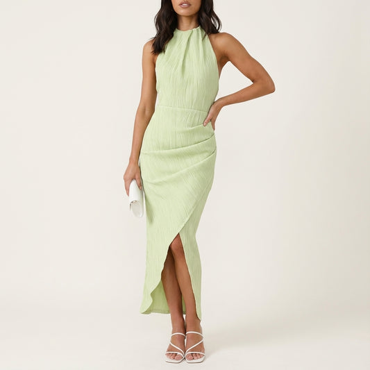 Vestido midi mujer cuello halter plisado bajo asimétrico | Uso urbano