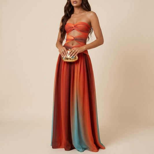 Vestido maxi mujer sin tirantes fruncido | Verano