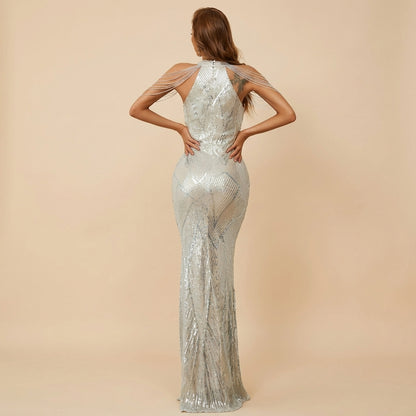 Vestido largo mujer cuello halter acabado brillante tiras en hombros | Noche