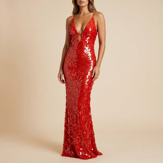 Vestido largo mujer con lentejuelas escote en V abertura central | Noche