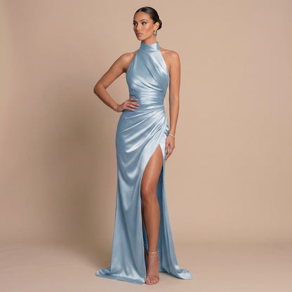 Vestido largo mujer cuello halter fruncido con abertura alta | Noche