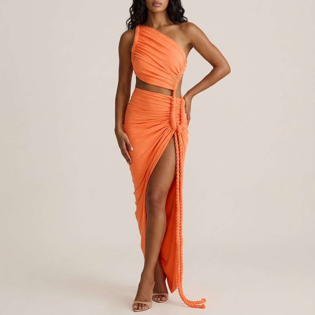 Vestido maxi mujer asimétrico fruncido un hombro | Eventos nocturnos