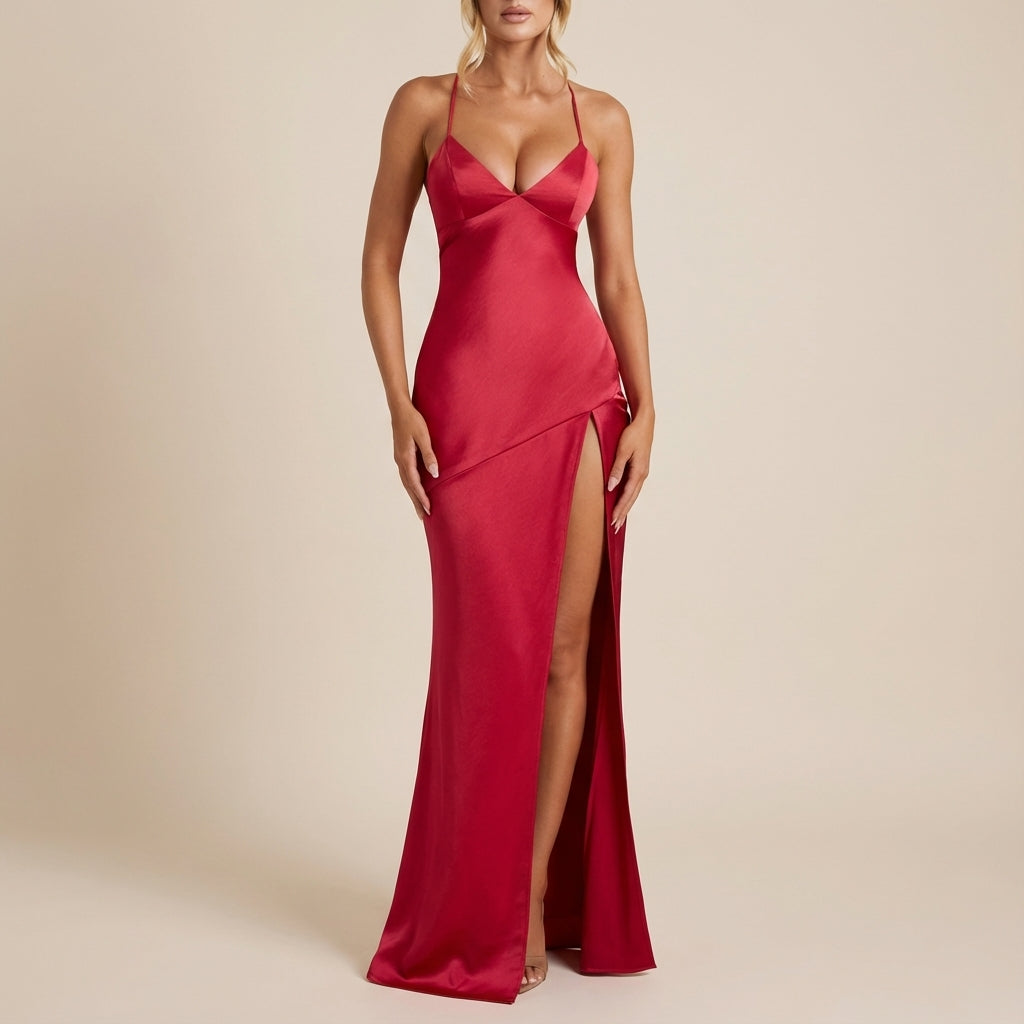 Vestido maxi mujer escote en V tirantes finos con abertura lateral | Eventos