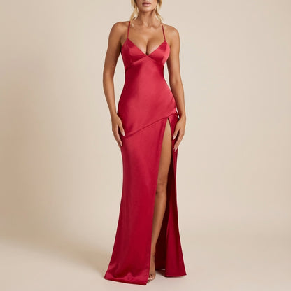 Vestido maxi mujer escote en V tirantes finos con abertura lateral | Eventos