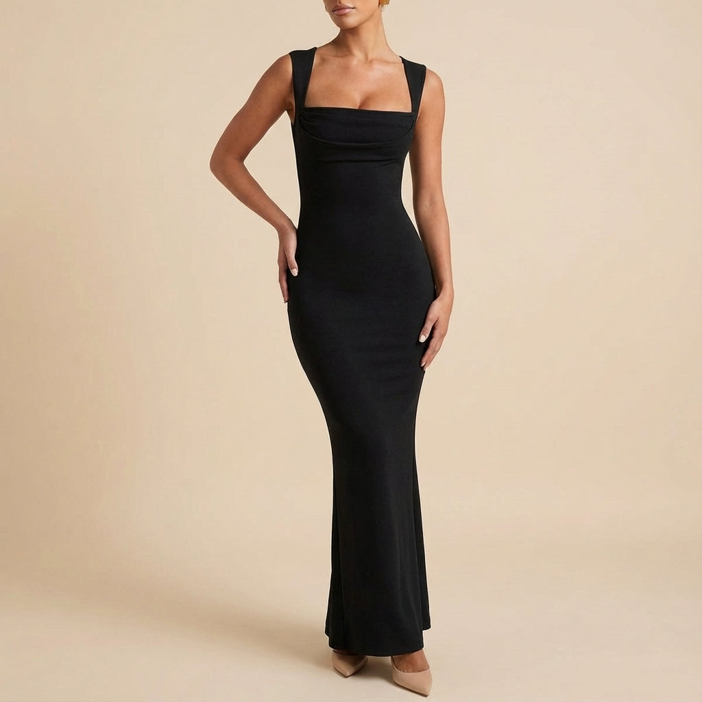 Vestido largo mujer corte entallado escote recto | Eventos