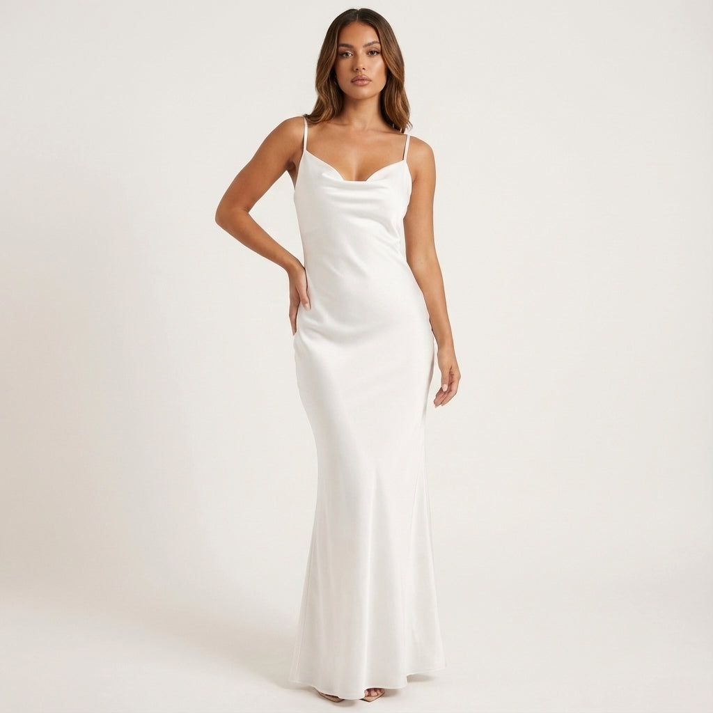 Vestido maxi mujer tirantes finos espalda descubierta escote drapeado | Eventos