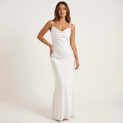 Vestido maxi mujer tirantes finos espalda descubierta escote drapeado | Eventos