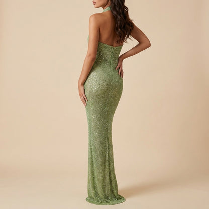 Vestido largo mujer con lentejuelas escote pronunciado halter | Noche