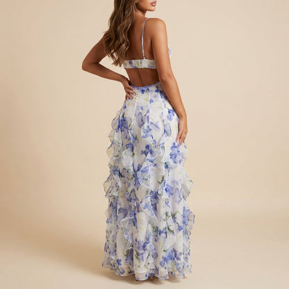 Vestido maxi mujer estampado floral tirantes finos falda con volantes | Verano