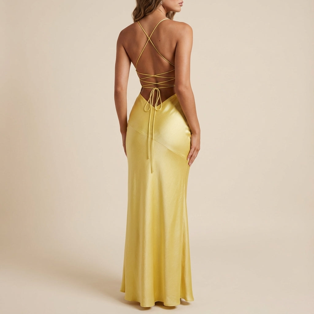 Vestido maxi mujer escote en V tirantes finos con abertura lateral | Eventos