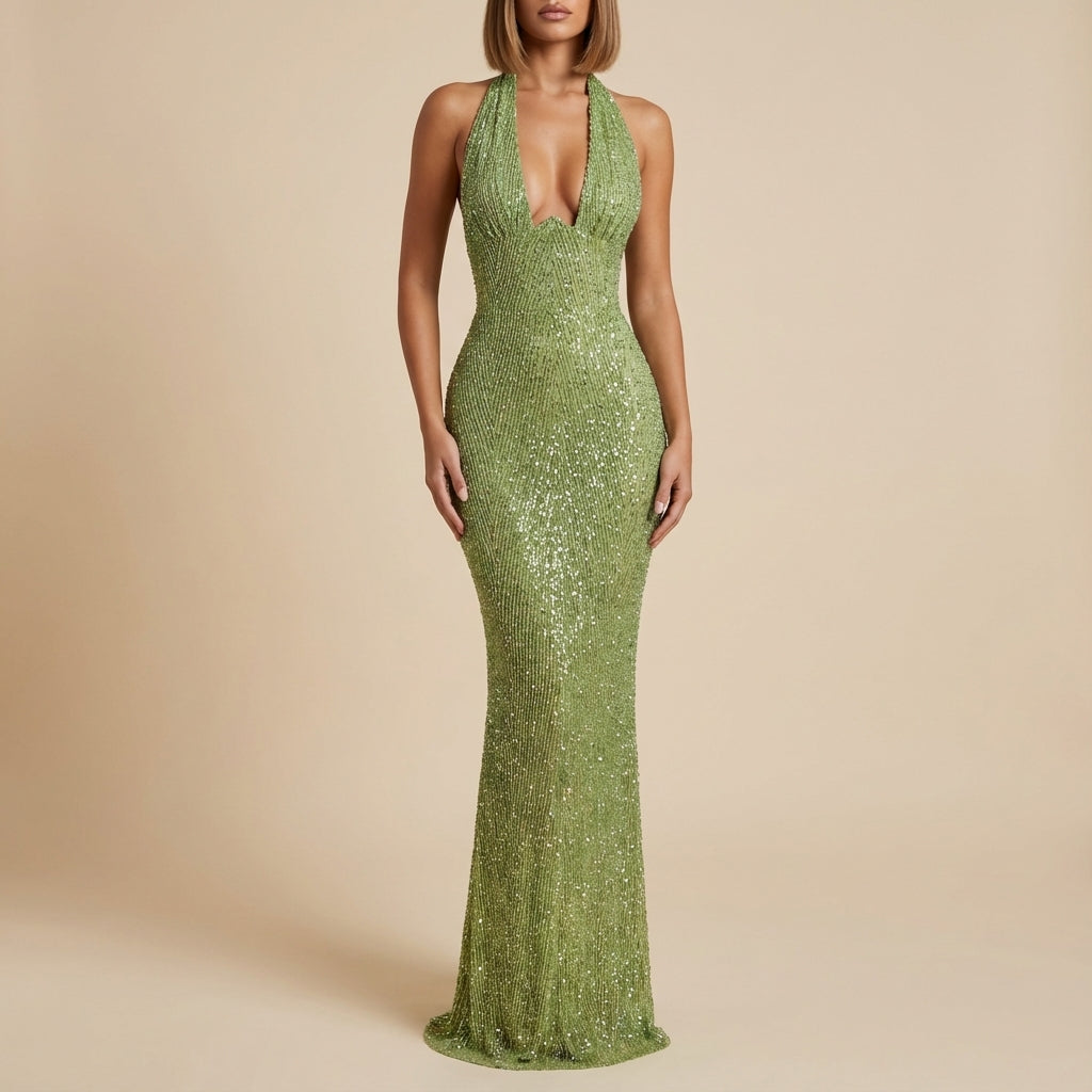 Vestido largo mujer con lentejuelas escote pronunciado halter | Noche