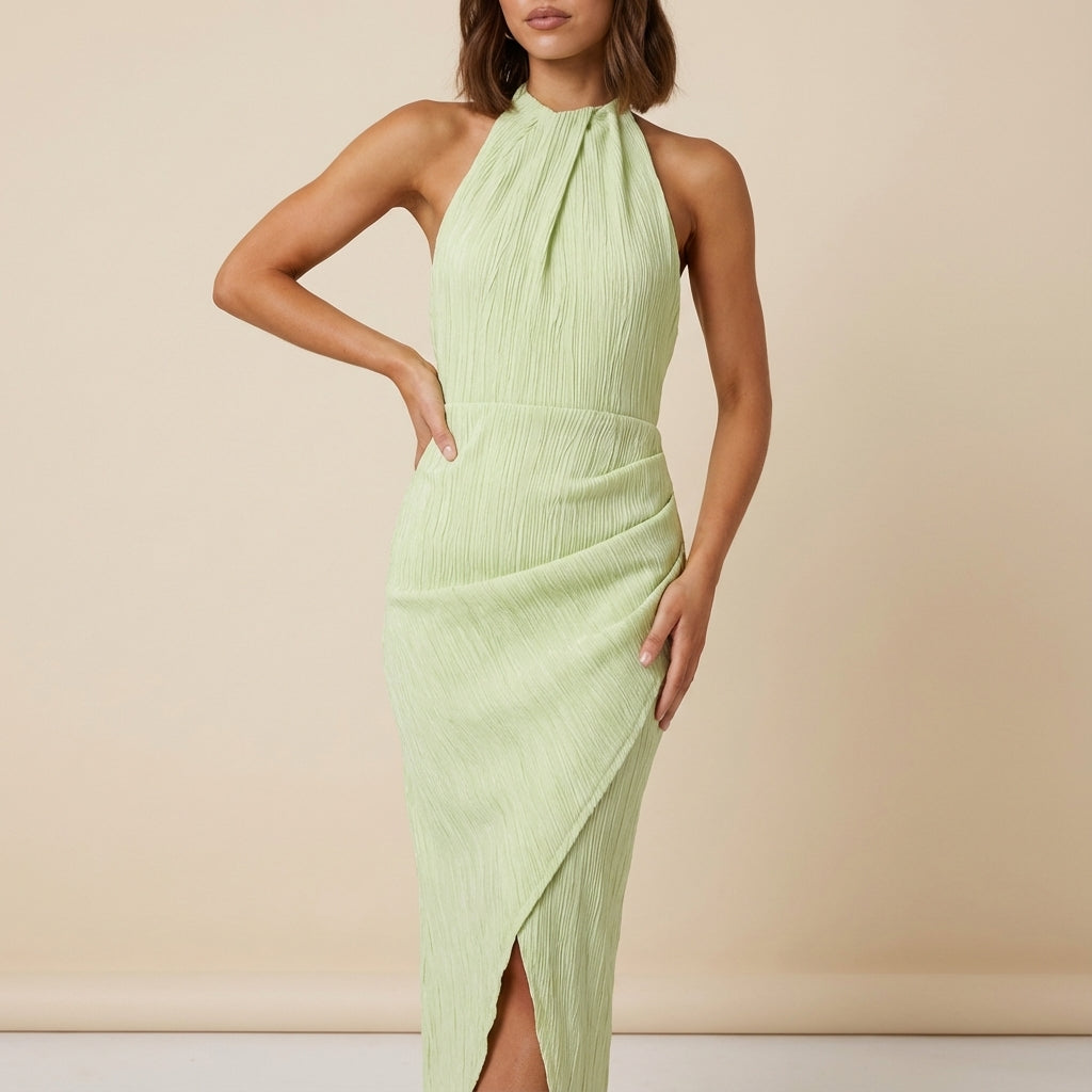 Vestido midi mujer cuello halter plisado bajo asimétrico | Uso urbano