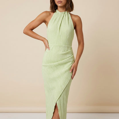 Vestido midi mujer cuello halter plisado bajo asimétrico | Uso urbano