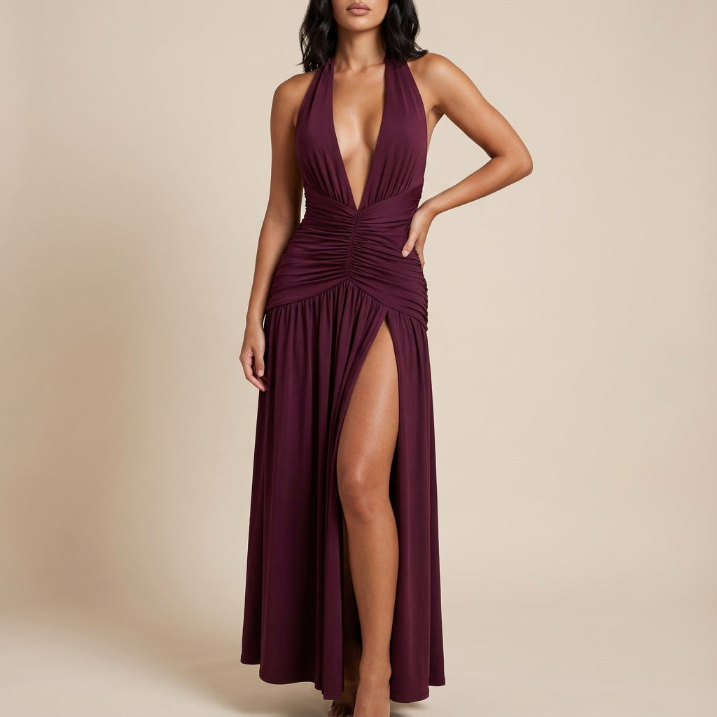 Vestido halter largo mujer marrón cintura fruncida | Otoño