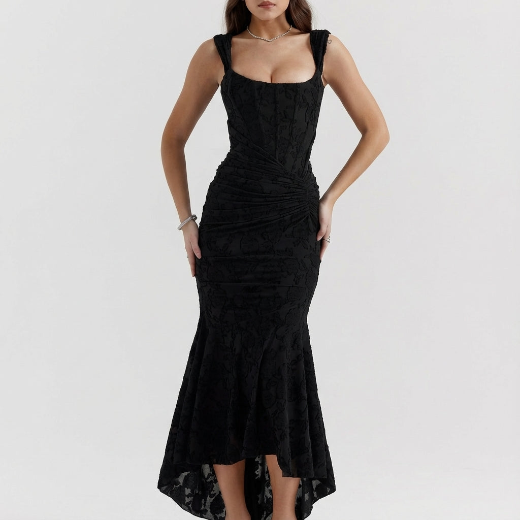 Vestido midi mujer ajustado corpiño estructurado fruncido lateral | Uso urbano