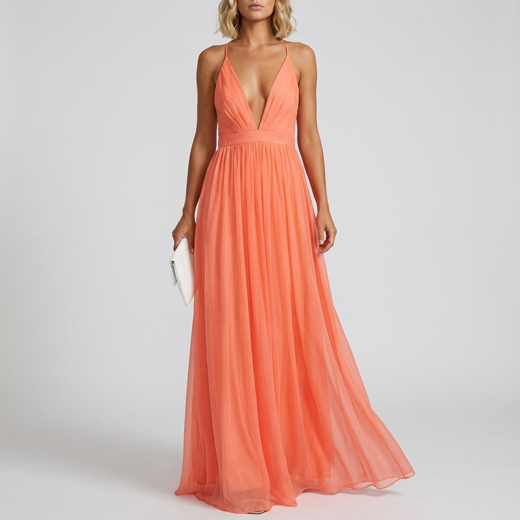 Vestido maxi mujer escote en V tirantes finos falda en capas | Fiesta